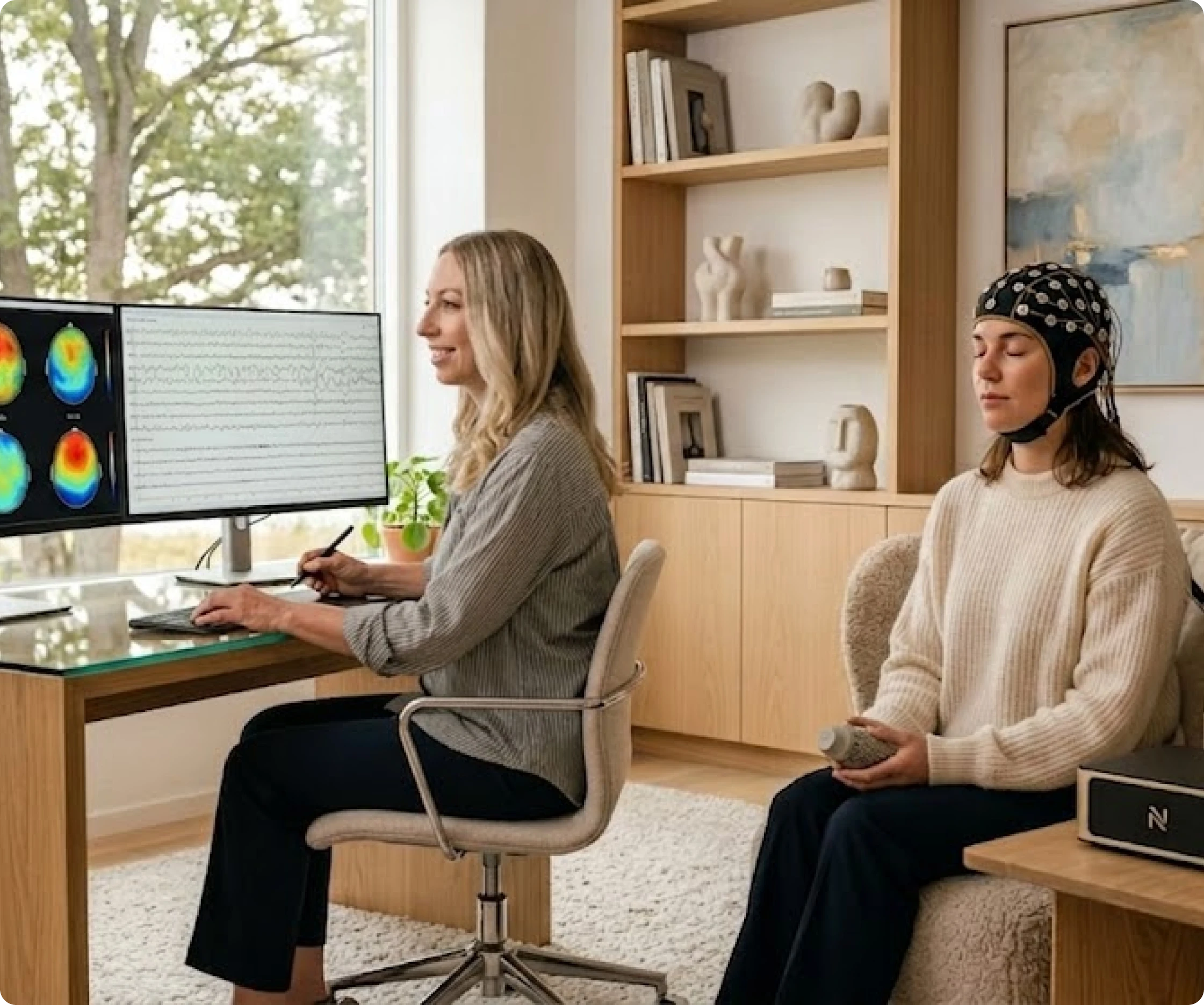 Clinician monitoring brainwave activity while a patient wears an EEG cap during neurofeedback training